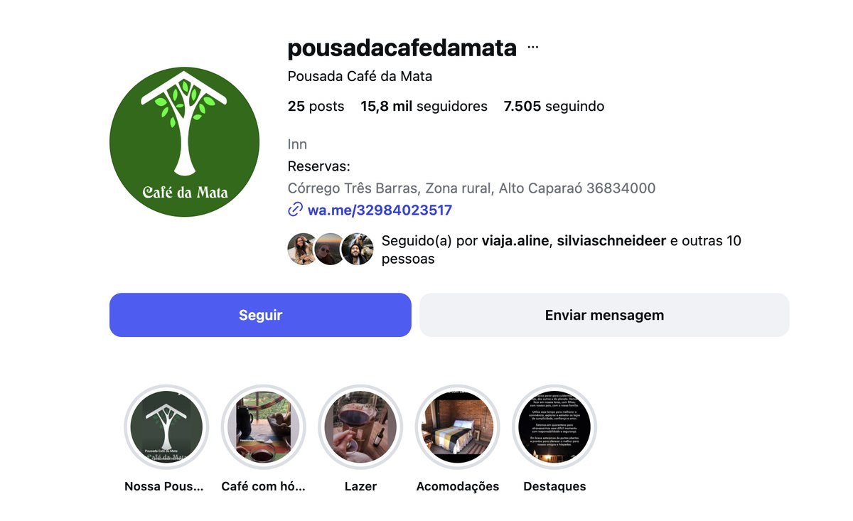Perfil do Instagram @pousadacafedamata: 25 posts, 15,8 mil seguidores, bio com endereço e link de WhatsApp.