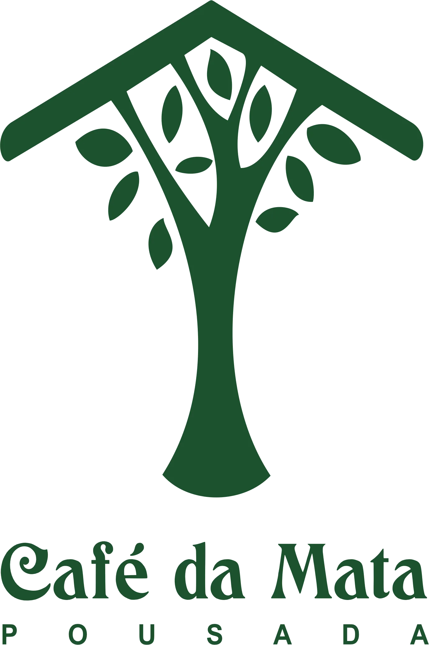 Logo original da Pousada Café da Mata: árvore de folhas em verde-mata com o nome Café da Mata e Pousada