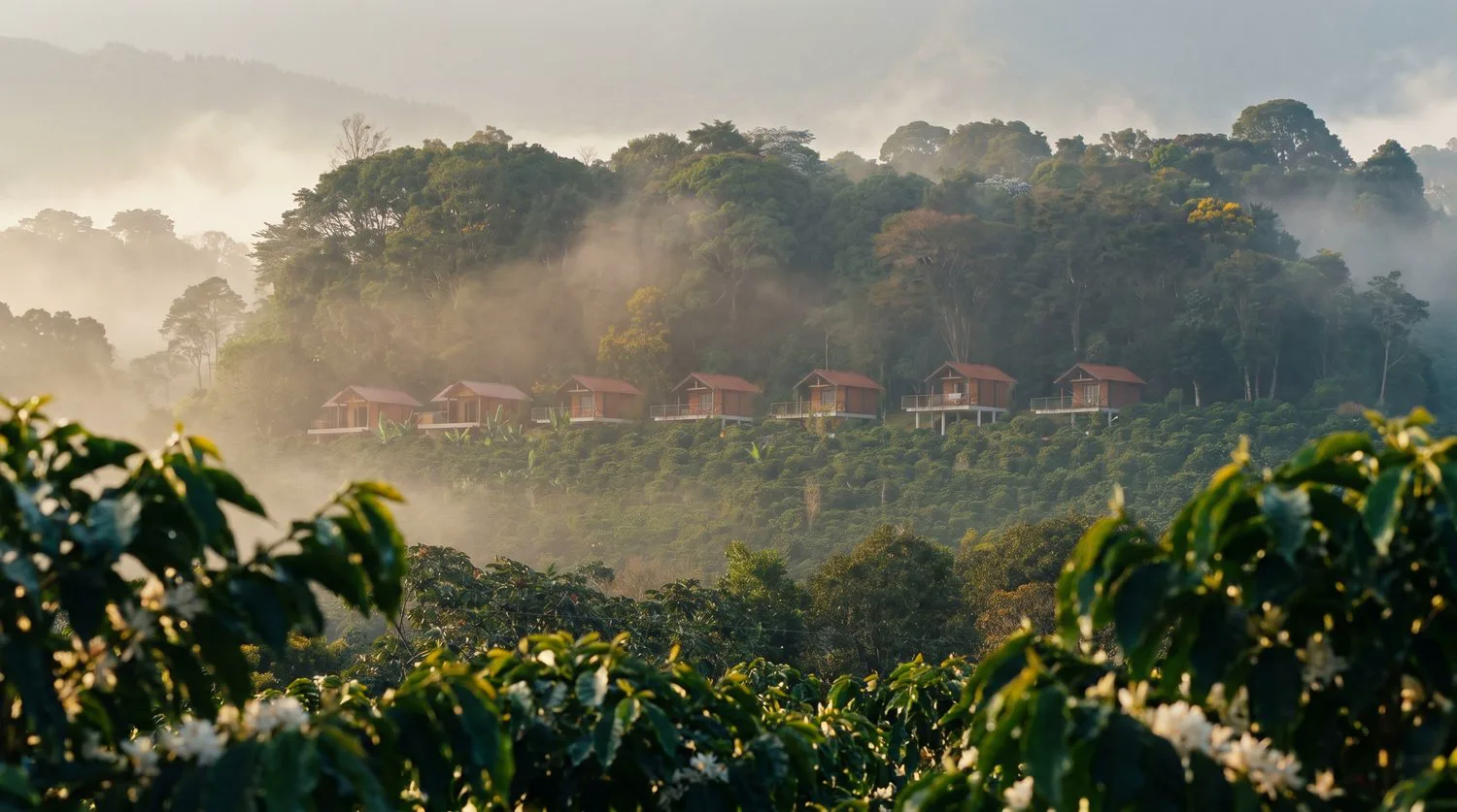 A mesma vista aprimorada com IA: neblina ao amanhecer e floração do café