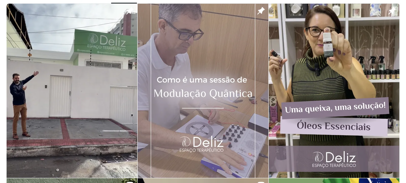 Stories antigos da Deliz no Instagram: a fachada do espaço, uma sessão de terapia e um post sobre óleos essenciais, cada um com um tratamento visual diferente