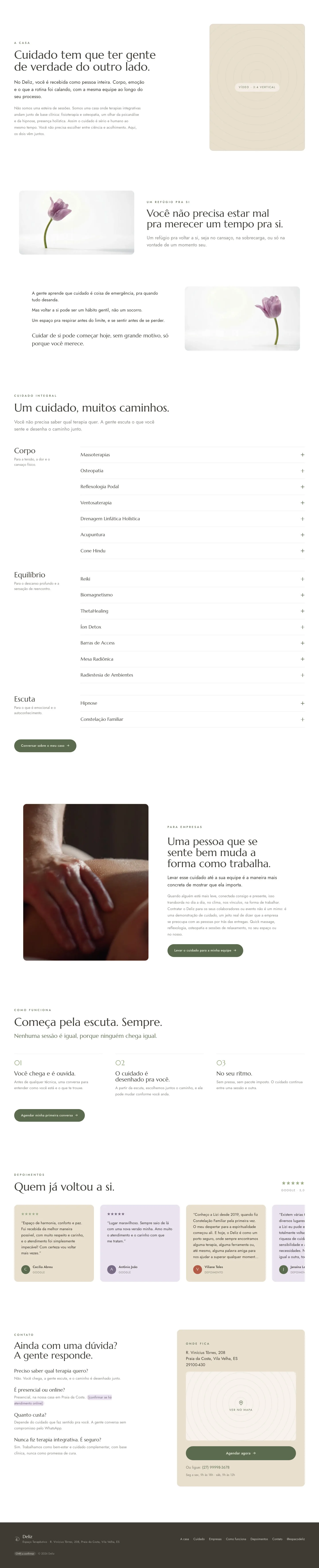 Site da Deliz de 2026, da saída da hero ao rodapé: a casa, terapias em três famílias, seção B2B, como funciona, depoimentos e contato
