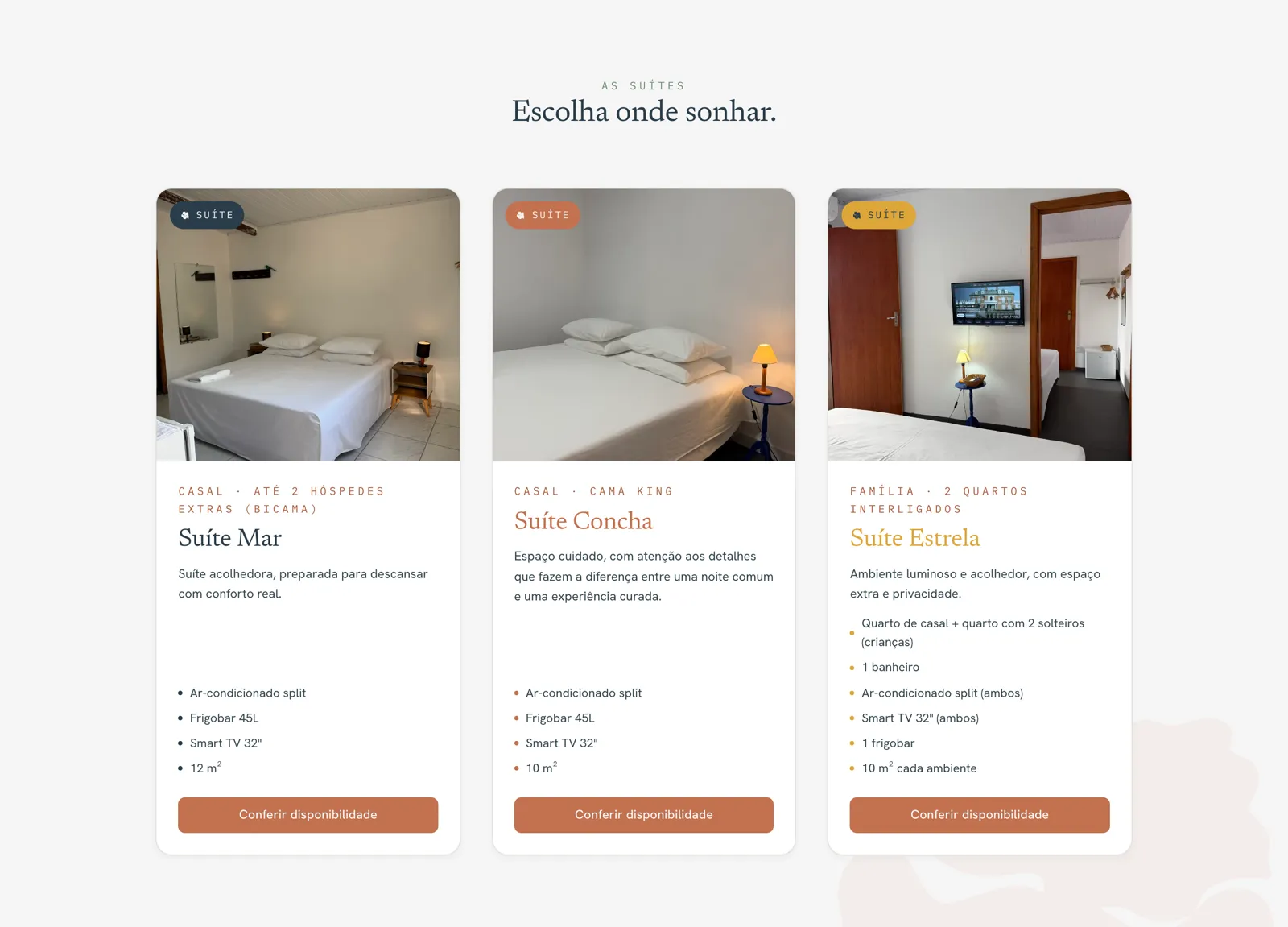 Site Flor do Mar — suítes Mar, Concha e Estrela com fotos reais