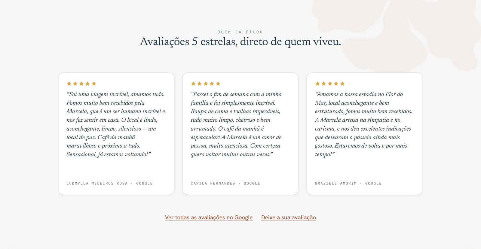 Site Flor do Mar — depoimentos reais do Google