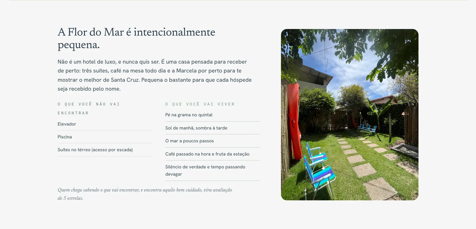 Site Flor do Mar — posicionamento: o que não vai encontrar vs o que vai viver