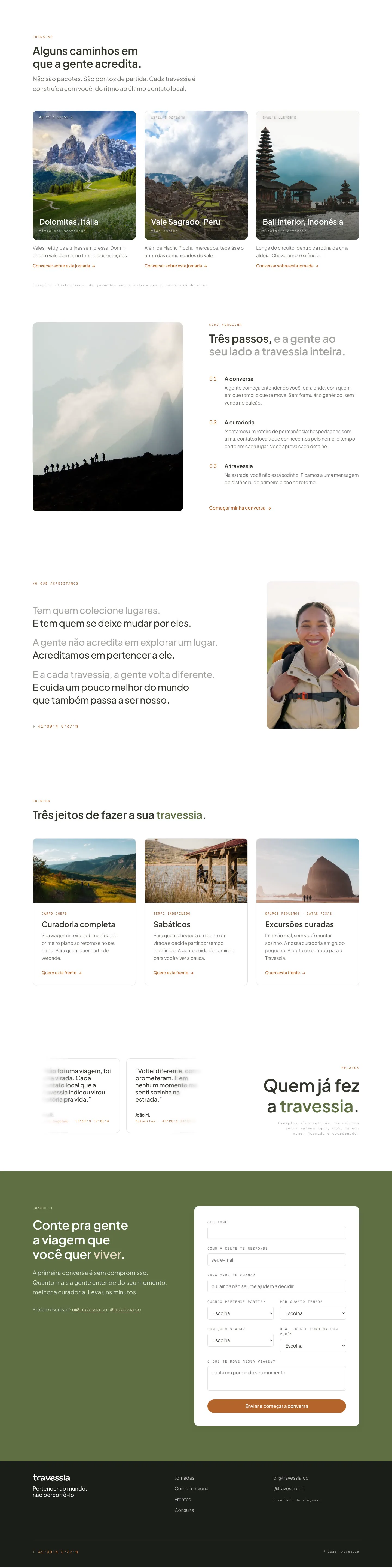 Site Travessia das jornadas ao rodapé: jornadas com coordenadas, como funciona em três passos, manifesto, frentes de viagem, relatos e consulta